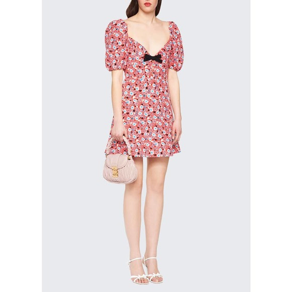NEW MIU MIU Botanical-print Silk Dress W/ Bow In Multicolor - Picture 1 of 8